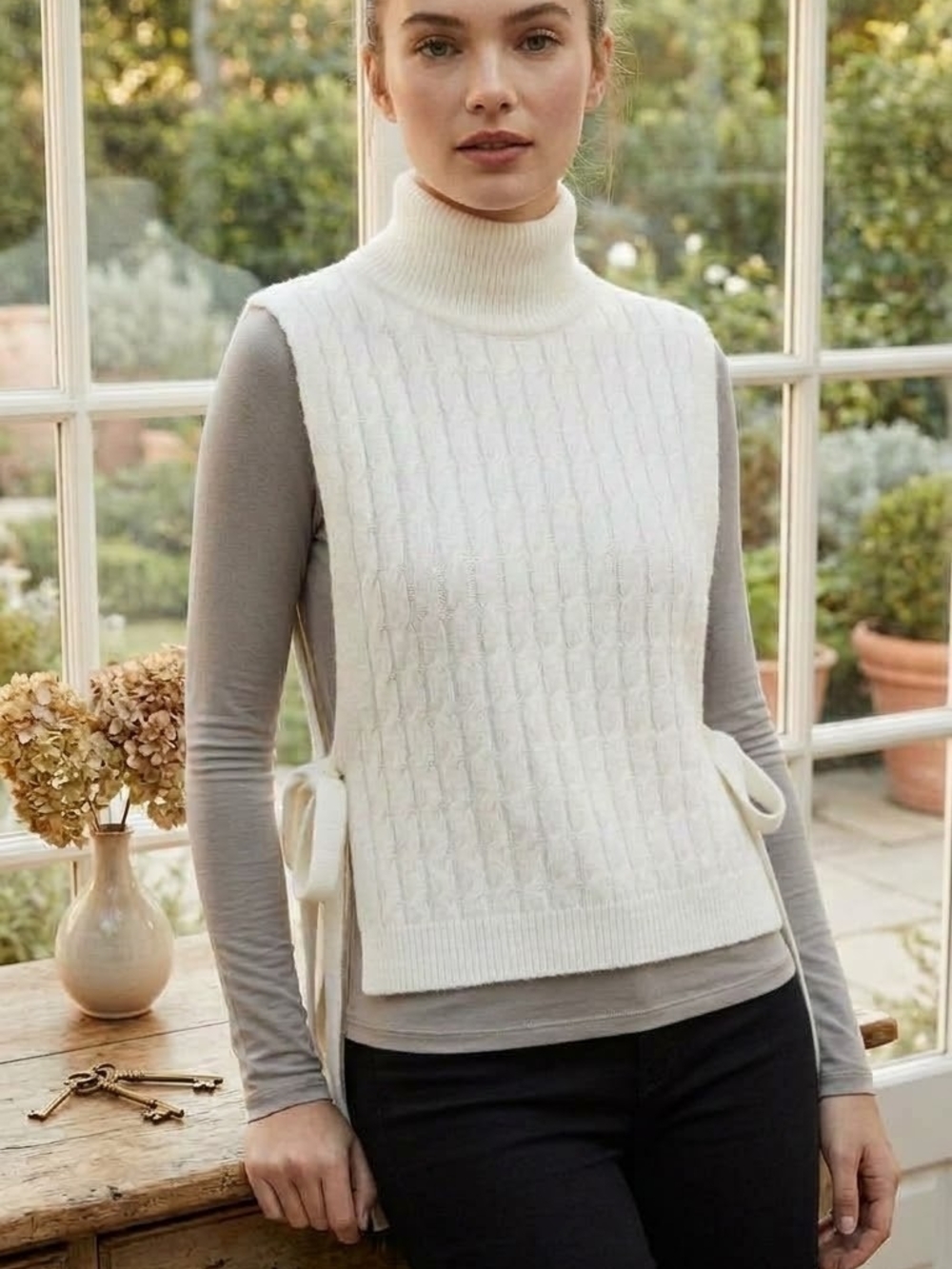 Zara Cream Cable Knit Sleeveless Turtleneck Vest with Side Ties